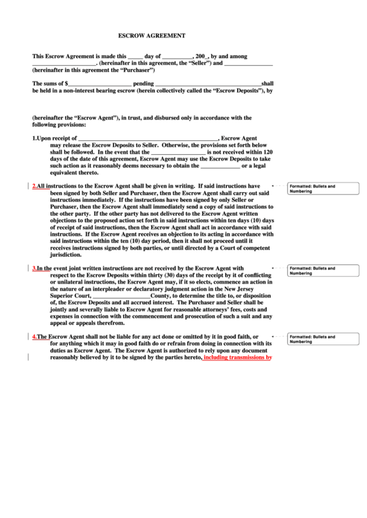 Escrow Agreement Template Printable pdf