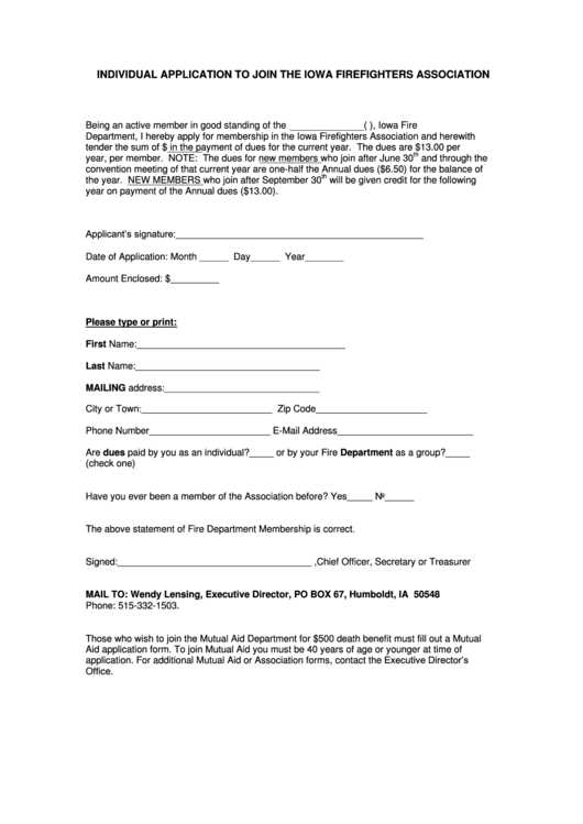 Individual Application To Join The Iowa Firefighters Association Printable pdf