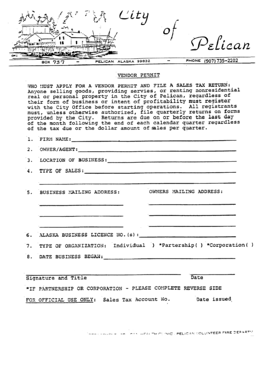 Vendor Permit Form - City Of Pelican Printable pdf