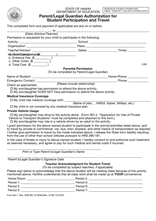 Fillable Form Sa-1 - Parent/legal Guardian Authorization For Student Participation And Travel 2009 Printable pdf