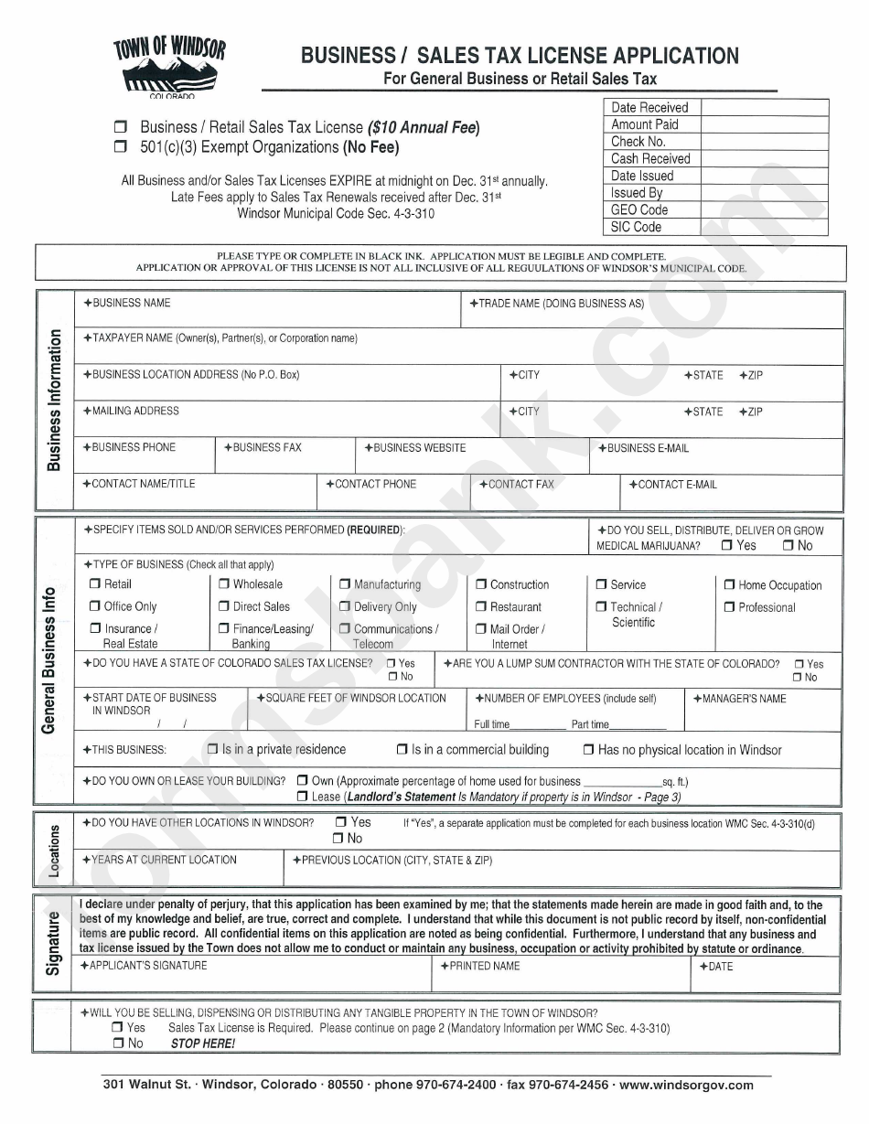 Business/sales Tax License Application Form For General Business Or Retail Sales Tax