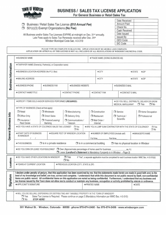 Business/sales Tax License Application Form For General Business Or Retail Sales Tax Printable pdf