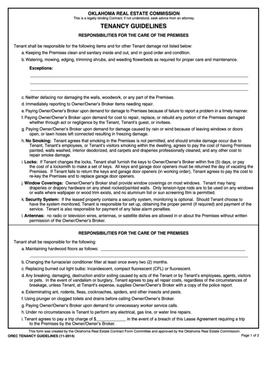 Fillable Tenancy Guidelines Form 2014 Printable pdf