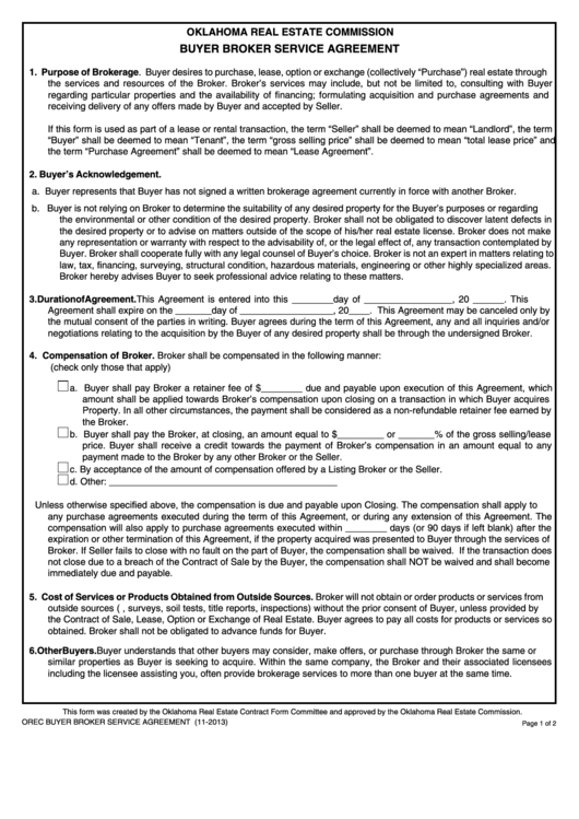Fillable Buyer Broker Service Agreement - Oklahoma Real Estate Commission Printable pdf