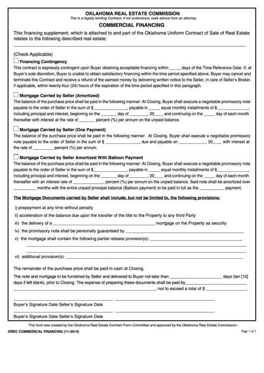 Fillable Commercial Financing Form - Oklahoma Real Estate Commission Printable pdf