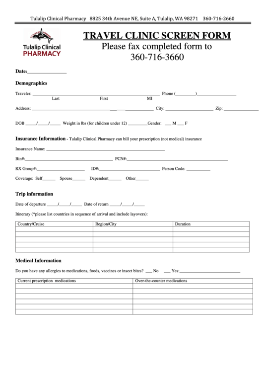 Travel Clinic Screen Form Printable pdf