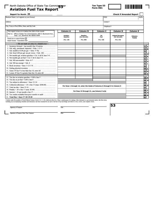 Fillable Form 53 - Aviation Fuel Tax Report Printable pdf