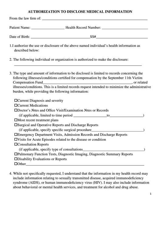 Fillable Authorization To Disclose Medical Information Form Printable pdf