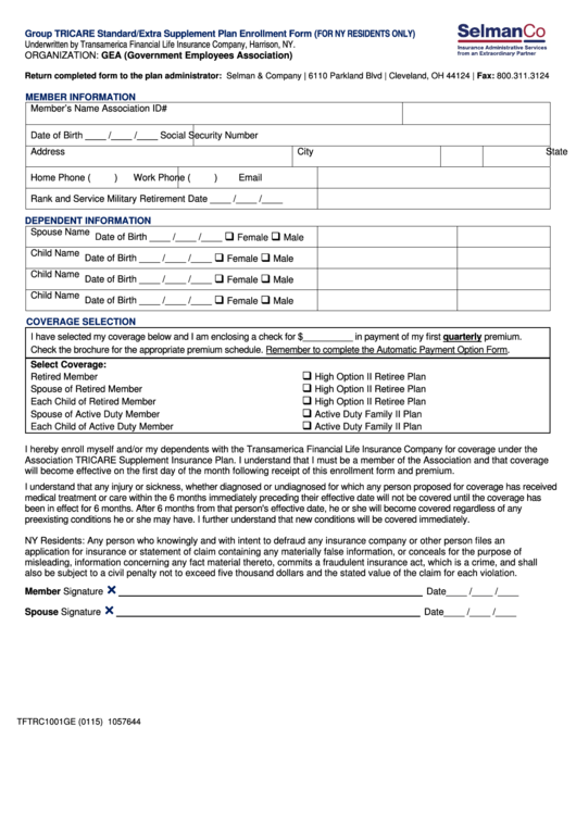 Form Tftrc1001ge - Group Tricare Prime Supplement Plan Enrollment Form Printable pdf