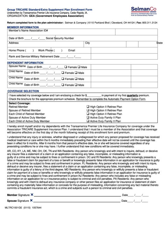 Form Mltrc1001ge - Group Tricare Standard/extra Supplement Plan Enrollment Form Printable pdf
