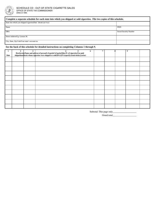 Fillable Form 23503 - Schedule Cd - Out-Of-State Cigarette Sales Printable pdf