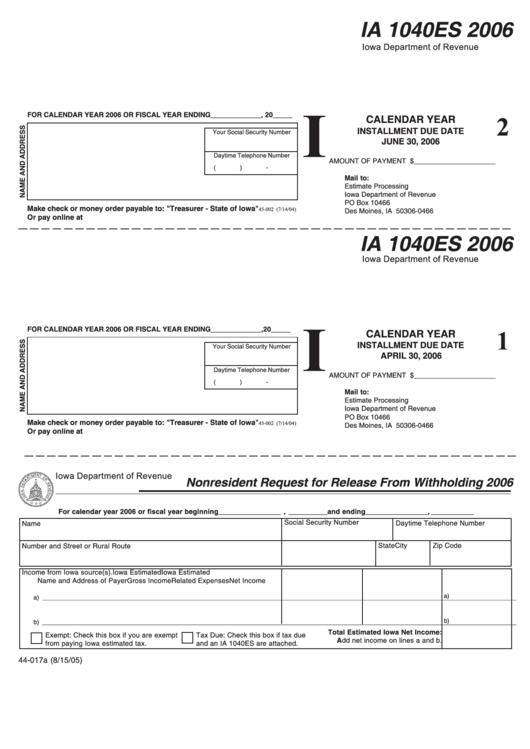 Form Ia 1040es - Individual Income Estimate Tax Payment Voucher - 2006 Printable pdf