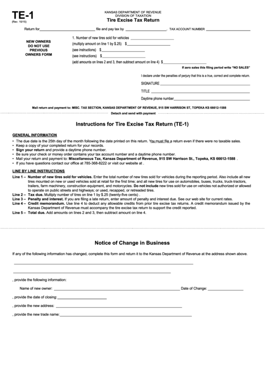 Fillable Form Te-1 - Tire Excise Tax Return Printable pdf