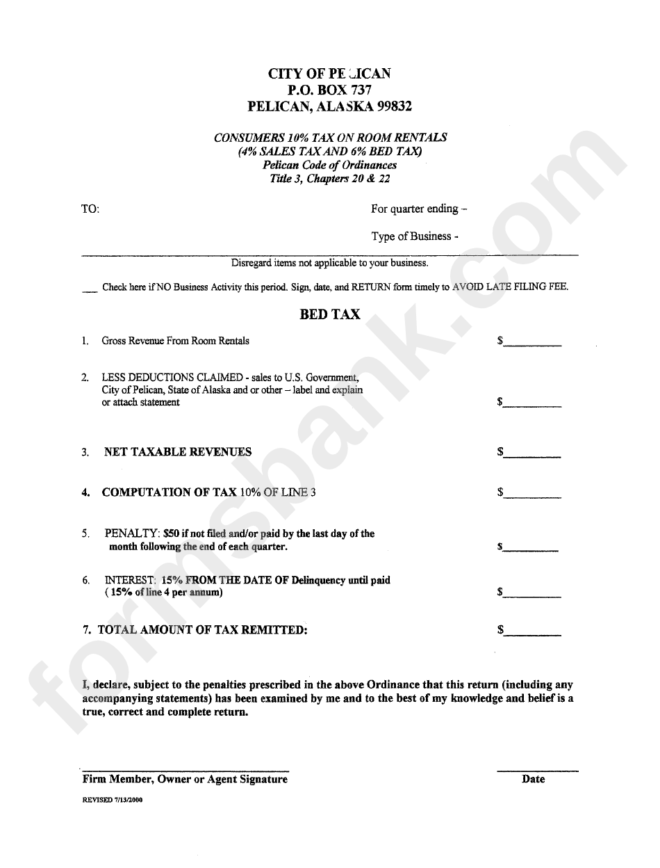 Bed Tax Form 2000 - City Of Pelican