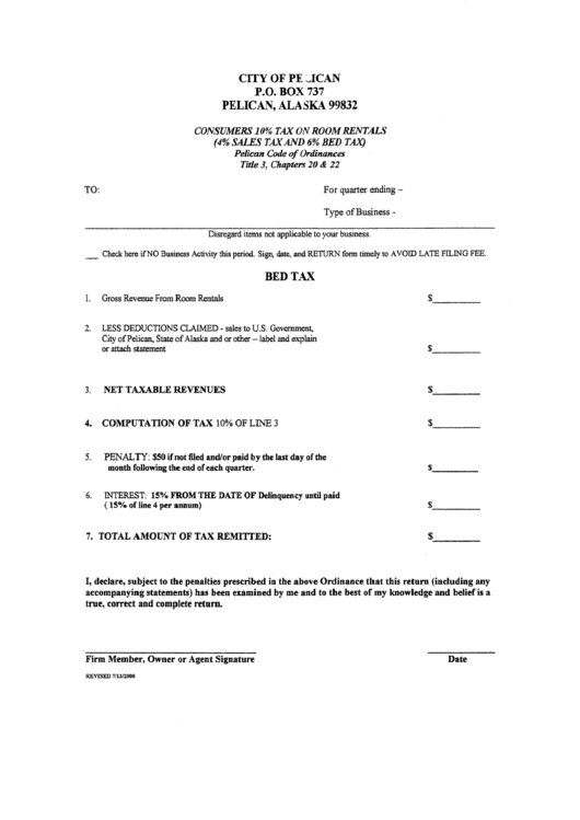 Bed Tax Form 2000 - City Of Pelican Printable pdf