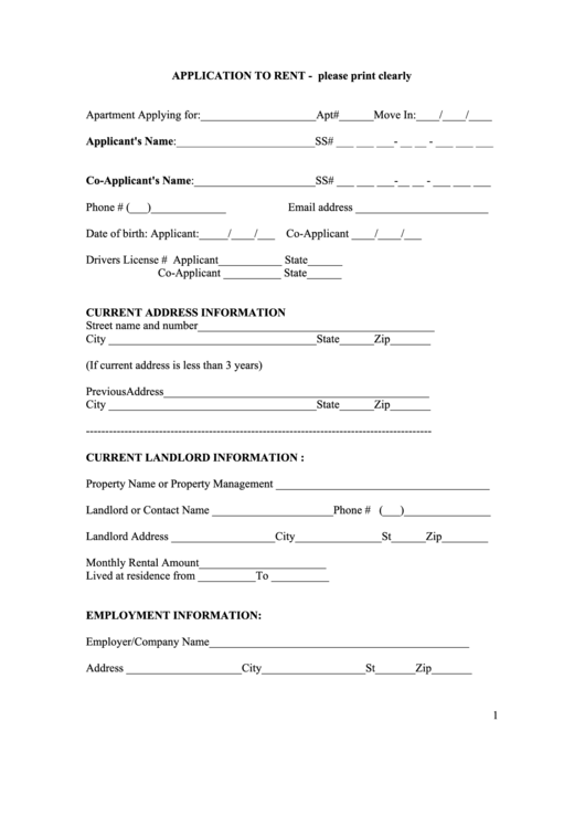 Application To Rent Form printable pdf download