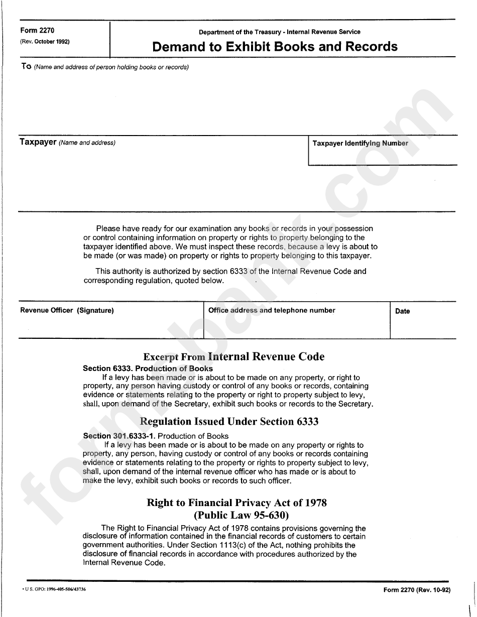 Form 2270 - Demand To Exibit Books And Records Form - Department Of The Treasury