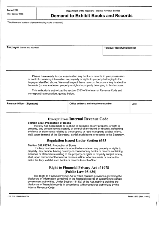 Form 2270 - Demand To Exibit Books And Records Form - Department Of The Treasury Printable pdf