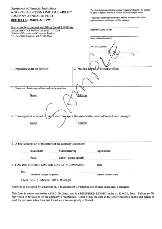 Wisconsin Foreign Lemited Liability Company Annual Report Form 1999 Printable pdf