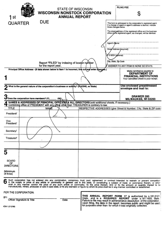 Wisconsin Nonstock Corporation Annual Report Form 1998 Printable pdf