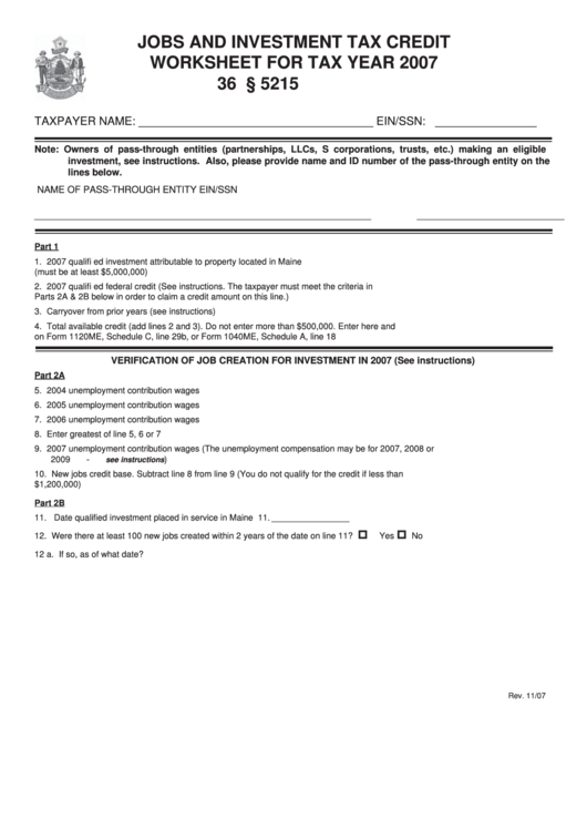 Jobs And Investment Tax Credit Worksheet For Tax Year 2007 Printable pdf