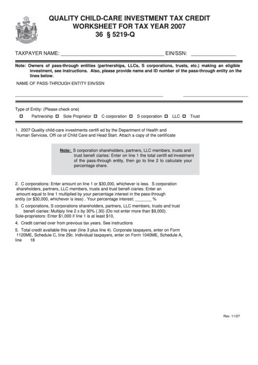Quality Child-Care Investment Tax Credit Worksheet For Tax Year 2007 Printable pdf