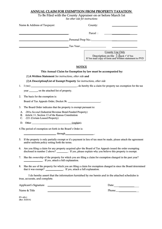 Form Pv-Ad-1 - Annual Claim For Exemption From Property Taxation Printable pdf