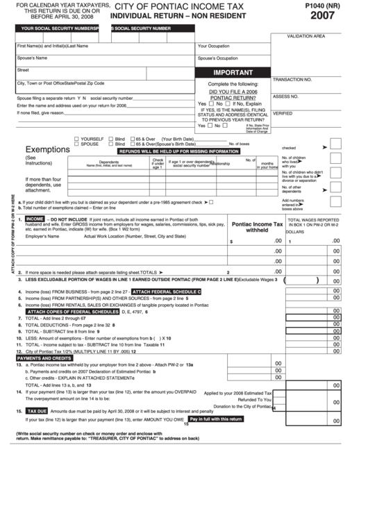 Form P1040 (Nr) - City Of Pontiac Income Tax, Individual Return - Non Resident - 2007 Printable pdf