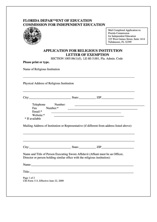 Cie Form 113 - Application For Religious Institution Letter Of Exemption - Florida Department Of Education Printable pdf