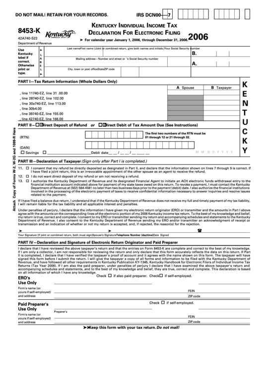 Form 8453-K - Kentucky Individual Income Tax Declaration For Electronic Filing - 2006 Printable pdf