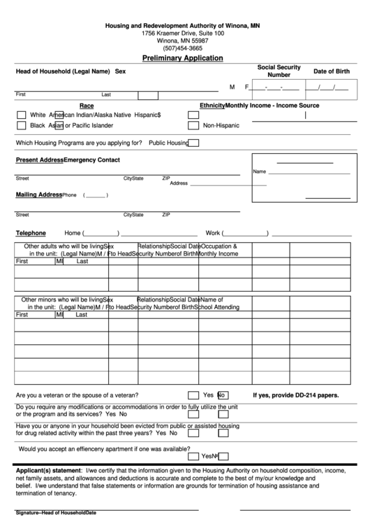 Preliminary Application Form - Housing And Redevelopment Authority Of Winona, Mn Printable pdf