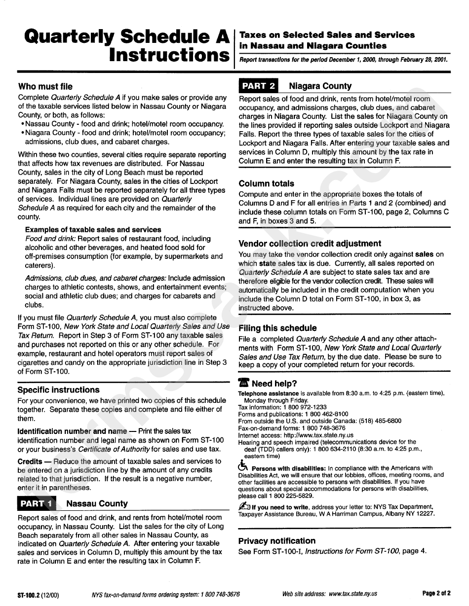 Quarterly Schedule A Instructions printable pdf download