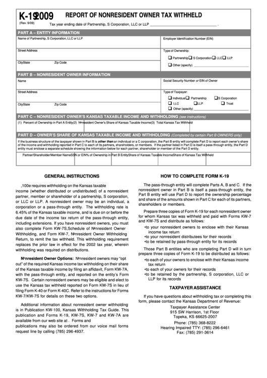 Form K-19 - Report Of Nonresident Owner Tax Withheld - 2009 Printable pdf