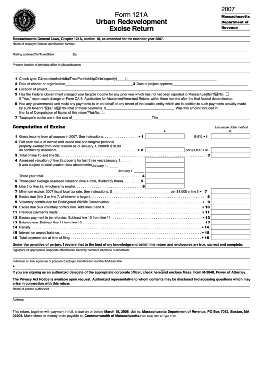 Form 121a - Urban Redevelopment Excise Return - 2007 Printable pdf