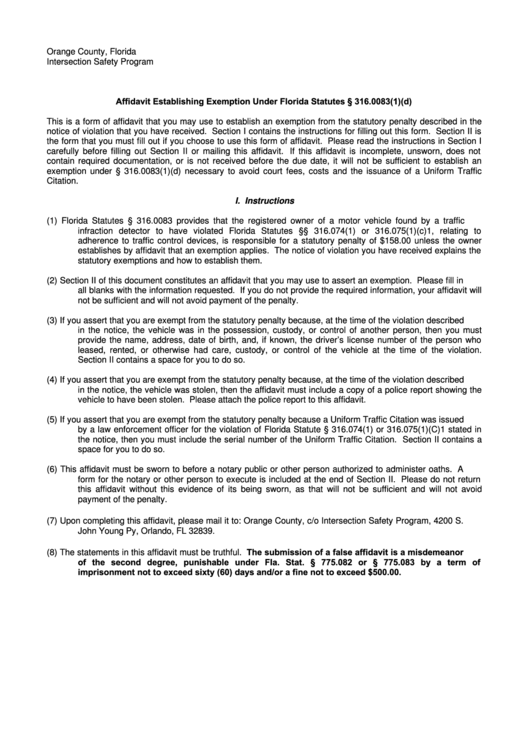 Affidavit Establishing Exemption Under Florida Statutes 316.0083(1)(D) Form - Orange County Public Works Department Printable pdf