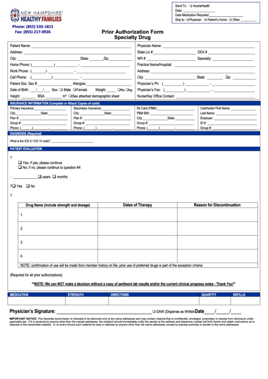 Fillable Prior Authorization Form - Specialty Drug - New Hamphire Healthy Families Printable pdf