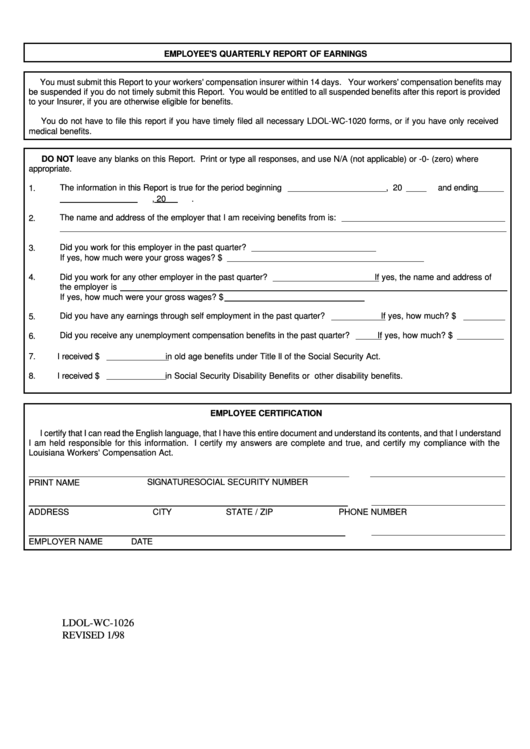 Fillable Form Ldol-Wc-1026 - Employee