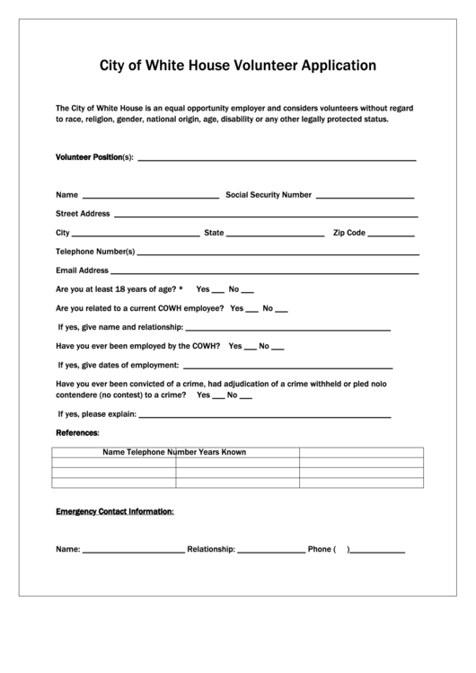 City Of White House Volunteer Application Form Printable pdf