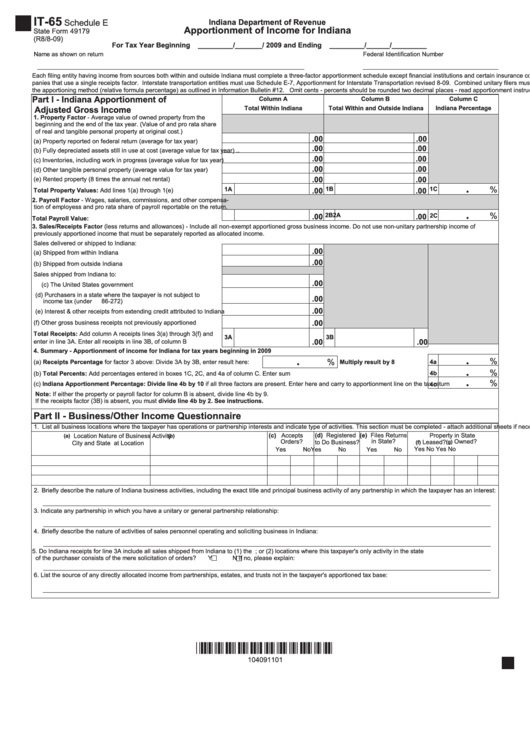 Fillable Form It-65 - Schedule E - Apportionment Of Income For Indiana - 2009 Printable pdf