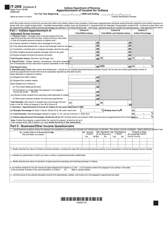 Form It-20s - Schedule E - Apportionment Of Income For Indiana - 2009 Printable pdf