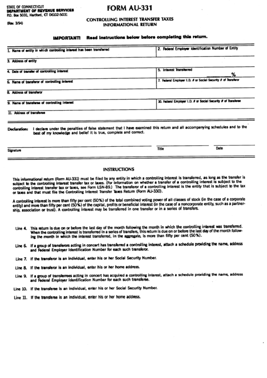 Form Au-331 - Controlling Interest Transfer Taxes Informational Return Printable pdf