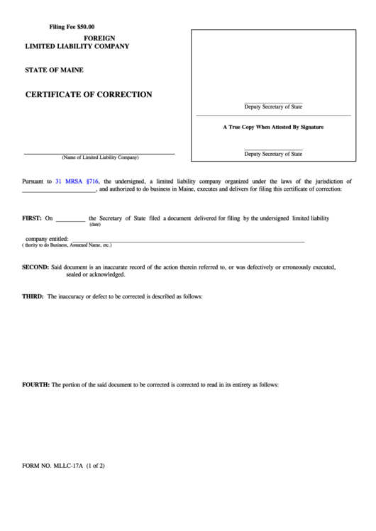 Fillable Form Mllc-17a - Certificate Of Correction - 2008 Printable pdf