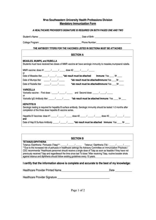 Mandatory Immunization Form Printable pdf