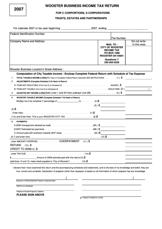 Business Income Tax Return Form - City Of Wooster - 2007 Printable pdf
