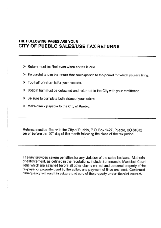 City Of Pueblo Sales/use Tax Returns Instructions Printable pdf