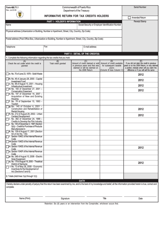 Form 480.71.1 - Informative Return For Tax Credits Holders Printable pdf