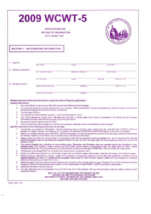 Form Wcwt-5 - Application For Refund Wage Tax Printable pdf