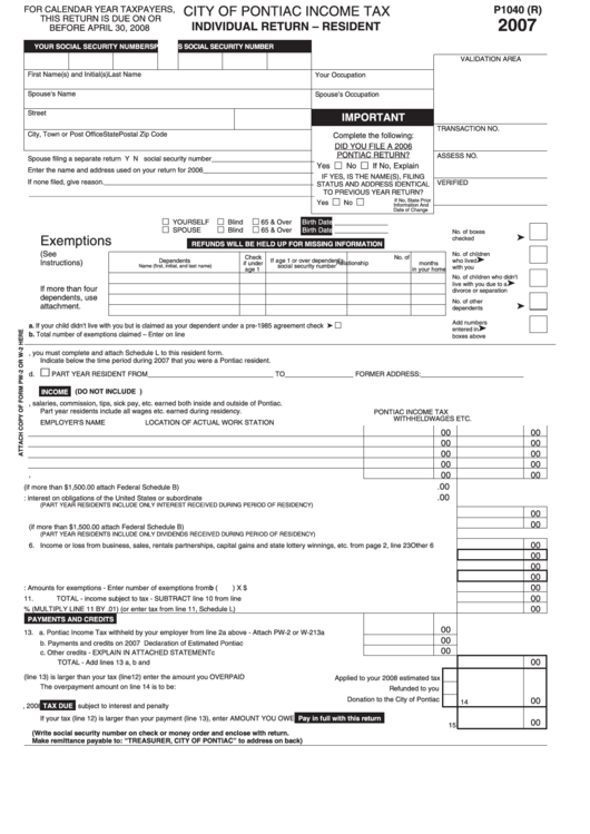 Form P1040 (R) - Income Tax Individual Return - Resident - 2007 Printable pdf