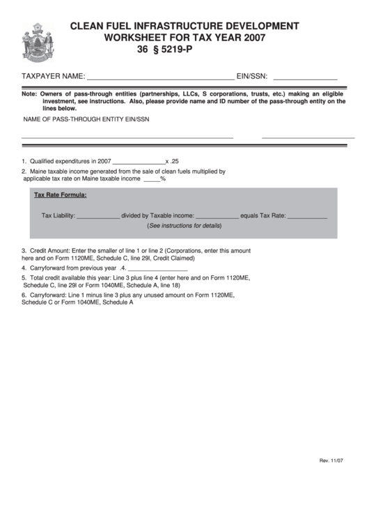 Clean Fuel Infrastructure Development Worksheet For Tax Year 2007 Printable pdf