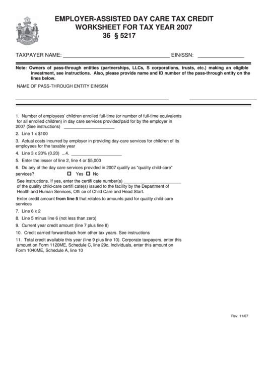 Employer-Assisted Day Care Tax Credit Worksheet For Tax Year 2007 Printable pdf